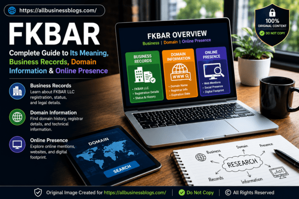 FKBAR business records, domain information, and online presence overview with professional research workspace illustration.