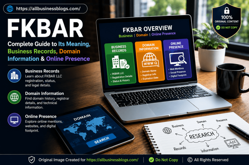 FKBAR business records, domain information, and online presence overview with professional research workspace illustration.