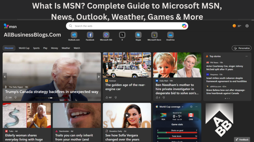 Microsoft MSN digital portal with breaking news, Outlook, weather, stocks, sports, and games on a modern homepage.